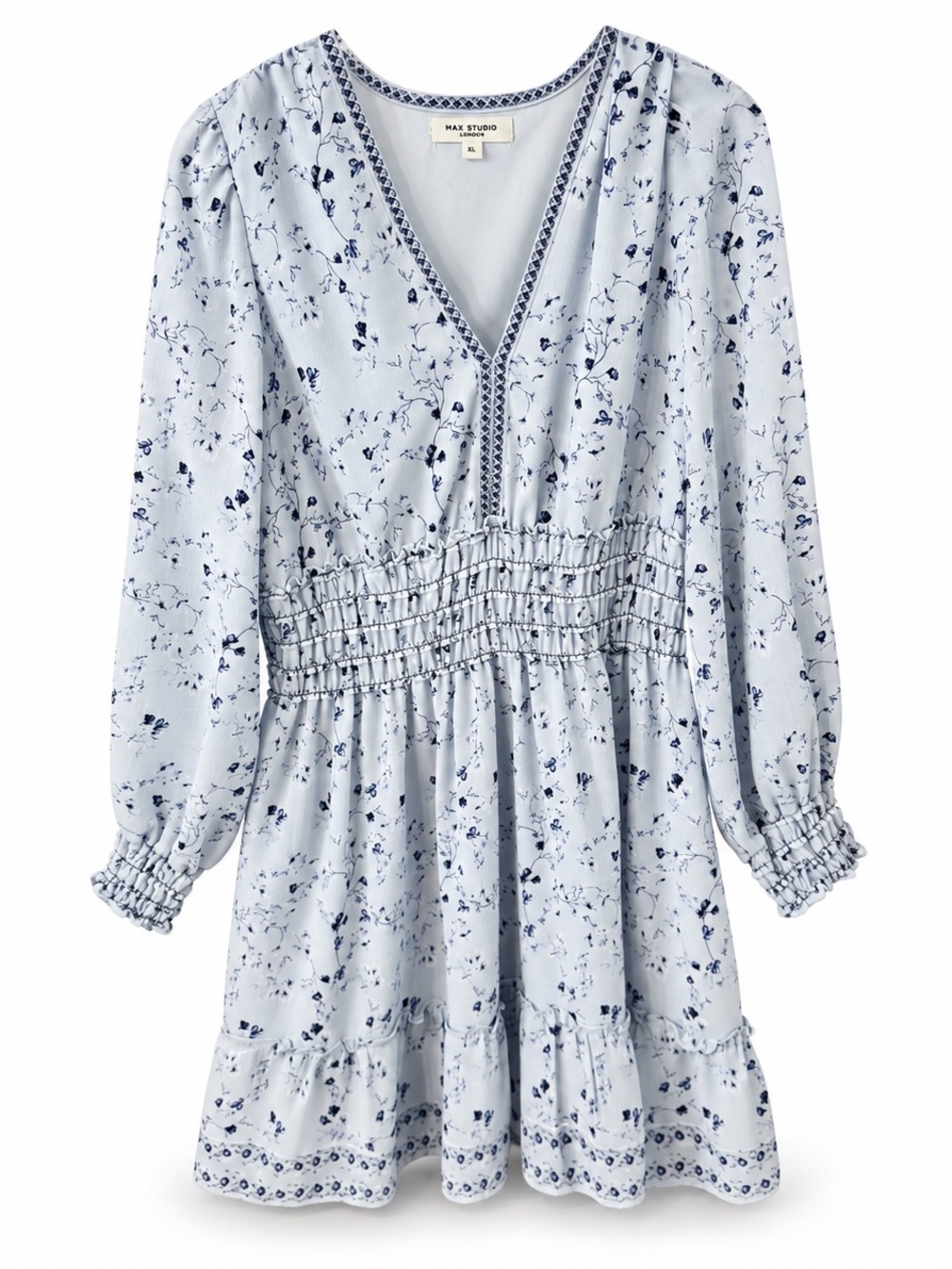 Max Studio Light Blue Floral Smocked Waist V-Neck Dress